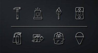 Set line Firefighter axe extinguisher alarm system helmet exit Flasher siren cone bucket and Burning match with fire icon. Vector.