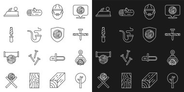 Set line Tree Grapple crane grabbed a log Metallic nail Lumberjack Smoking pipe Rasp metal file Wood plane tool and Wooden logs icon. Vector.