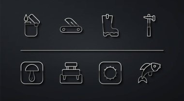 Set line Lighter Mushroom Hammer Sun Bench Swiss army knife Fish and Waterproof rubber boot icon. Vector.
