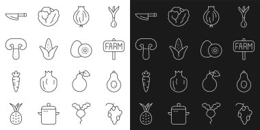 Set line Grape fruit Avocado Location farm Garlic Corn Mushroom Knife and Kiwi icon. Vector.