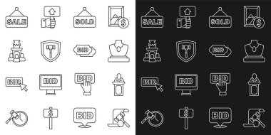 Set line Auction hammer auctioneer sells jewelry sale sold ancient vase Price tag with Sale and Bid icon. Vector.