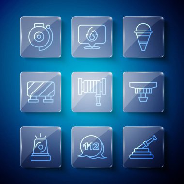 Set line Flasher siren Emergency call Fire hose reel cone bucket Road barrier Ringing alarm bell and Smoke system icon. Vector.