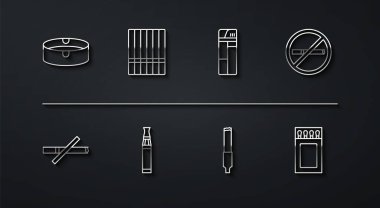 Set line Ashtray No smoking Cigarette Electronic cigarette Matchbox and matches and Lighter icon. Vector.
