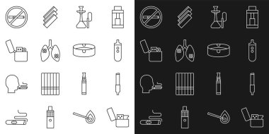 Set line Lighter Cigarette Electronic cigarette Hookah Disease lungs No smoking and Ashtray icon. Vector.