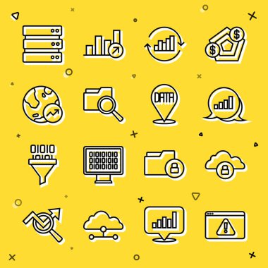 Set line Browser with exclamation mark Cloud computing lock Pie chart infographic Search folder Financial growth Server and Data analysis icon. Vector.