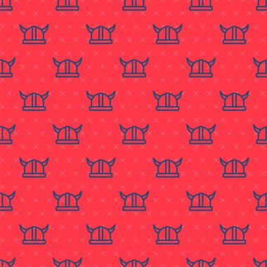 Mavi çizgili Viking boynuzlu miğfer ikonu kırmızı arka planda izole edilmiş kusursuz desen. Vektör.