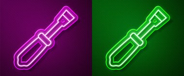 Glowing neon line Screwdriver icon isolated on purple and green background. Service tool symbol. Vector.