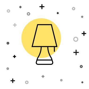 Beyaz arkaplanda siyah çizgi masa lambası simgesi izole edildi. Rastgele dinamik şekiller. Vektör.