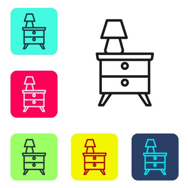 Black line Furniture nightstand with lamp icon isolated on white background. Set icons in color square buttons. Vector.