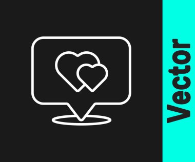 Siyah zemin üzerinde kalp simgesi olan beyaz çizgi haritası işaretçisi. Sevgililer Günü. Aşk yeri. Romantik harita iğnesi. Vektör.