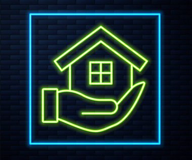 Parlayan neon çizgili ev, tuğla duvar arka planında izole edilmiş. Sigorta konsepti. Güvenlik, güvenlik, koruma, konsept koruma. Vektör.