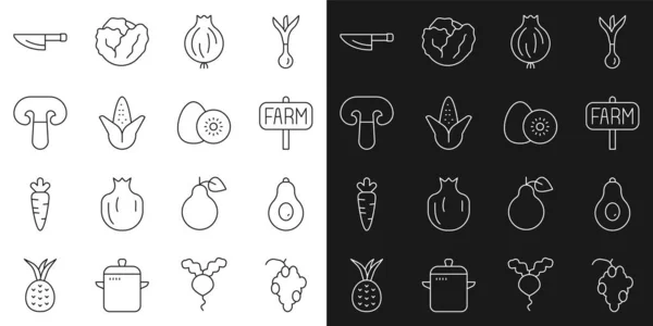 Set Line Grape Fruit Avocado Location Farm Garlic Corn Mushroom — Image vectorielle