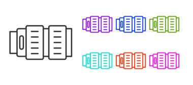 Beyaz arkaplanda siyah çizgi fotoğraf makinesi ikonu izole edildi. Simgeleri renklendirin. Vektör.