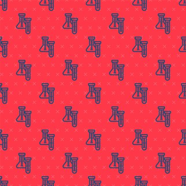 Mavi çizgi test tüpü ve matara kimyasal test ikonu kırmızı arkaplanda izole edilmiş pürüzsüz desen. Laboratuvar cam levhası. Vektör.