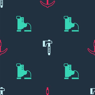Set Pickaxe Wooden and Winter warm boot on seamless pattern. Vector.