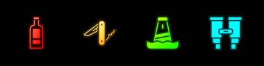 Set Bottle of vodka Swiss army knife Lighthouse and Binoculars icon. Vector.