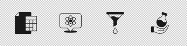 Set Calculator Atom Funnel filter and Test tube icon. Vector.