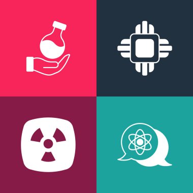 Set pop art Atom Radioactive Processor CPU and Test tube icon. Vector.