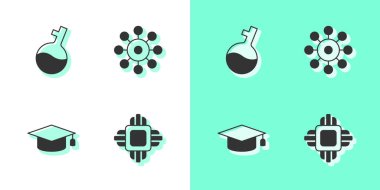 Set Processor CPU Test tube Graduation cap and Virus icon. Vector.