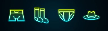 Set line Men underpants Socks and Man hat. Glowing neon icon. Vector.