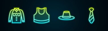 Set line Shirt Female crop top Man hat and Tie. Glowing neon icon. Vector.