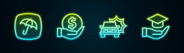 Set line Umbrella Money with shield Car accident and Education grant. Glowing neon icon. Vector.