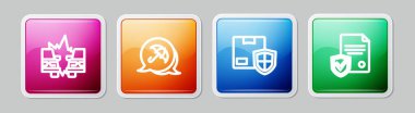 Set line Car accident Umbrella Delivery security with shield and Contract. Colorful square button. Vector.