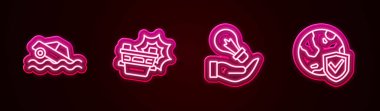 Set line Flood car Car accident Light bulb in hand and Shield with world globe. Glowing neon icon. Vector.