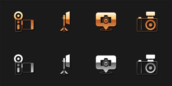 Set Cinema Camera Studio Light Bulb Softbox Photo Icon Vector — Stok Vektör