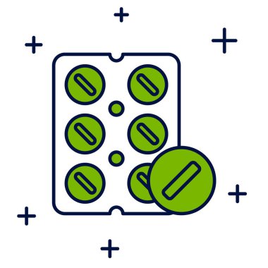 Doldurulmuş haplar beyaz arka planda izole edilmiş su toplayıcı ikonu. İlaç paketi. Tablet, vitamin, antibiyotik, aspirin. Vektör.