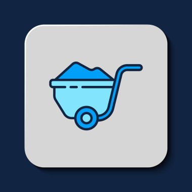 Filled outline Wheelbarrow with dirt icon isolated on blue background. Tool equipment. Agriculture cart wheel farm. Vector.