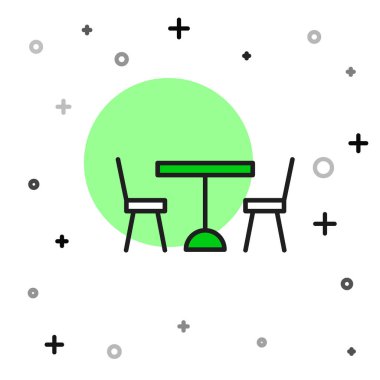 Tablo simgesinin her iki tarafında da beyaz arkaplanda izole edilmiş sandalyeler olan ana hatlı piknik masası. Vektör.