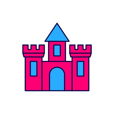 Beyaz arkaplanda izole edilmiş ana hatlı Castle simgesi. Kulesi olan bir ortaçağ kalesi. Düşmanlardan koruma. Şehrin güvenilirliği ve savunması. Vektör.