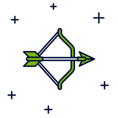 Beyaz arka planda izole edilmiş orta çağ yay ve ok simgesi. Ortaçağ silahı. Vektör.