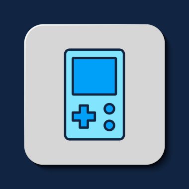 Filled outline Portable tetris electronic game icon isolated on blue background. Vintage style pocket brick game. Interactive playing device. Vector.