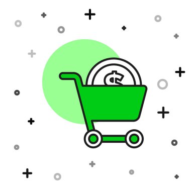 Ana hatları doldurulmuş alışveriş arabası ve beyaz arka planda izole edilmiş dolar sembolü. İnternetten satın alma konsepti. Teslimat servisi. Süpermarket sepeti. Vektör.