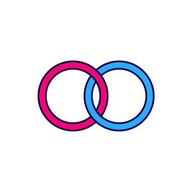 Doldurulmuş alyans simgesi beyaz arkaplanda izole edilmiş. Gelin ve damat mücevher tabelası. Evlilik sembolü. Elmas yüzük. Vektör.