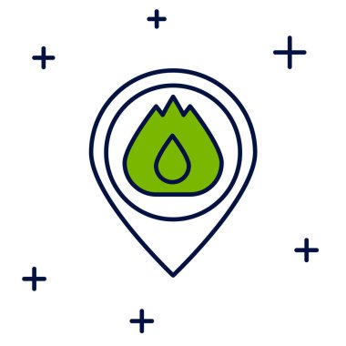 Beyaz arkaplanda izole edilmiş ateş alev ikonu ile ana hatlı harita işaretleyicisi. Yakında yangın var. Vektör.