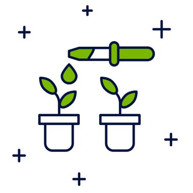 Beyaz arkaplanda izole edilmiş bitki ikonuna su damlası doldurulmuş. Tıbbi veya tarımsal deneyler. Gübreler ve böcek ilaçları. Vektör.