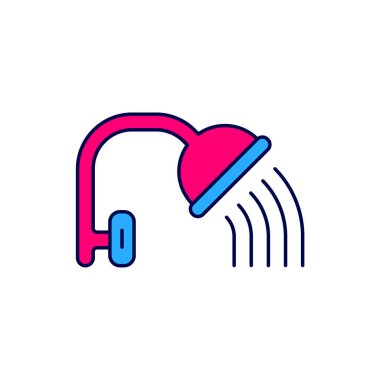 Ana hatlarıyla doldurulmuş duş başlığı beyaz arka planda izole edilmiş su damlalarıyla dolu. Vektör.