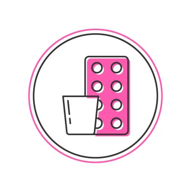 Doldurulmuş haplar beyaz arka planda izole edilmiş su toplayıcı ikonu. İlaç paketi. Tablet, vitamin, antibiyotik, aspirin. Vektör.