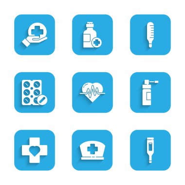Set Heart rate Nurse hat with cross Medical digital thermometer Bottle nozzle spray Pills in blister pack and Cross hospital medical icon. Vector.
