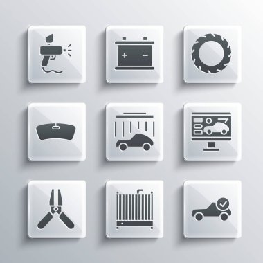 Set Car radiator cooling system Auto service check automotive Diagnostics condition of car wash battery jumper power cable Windshield Paint spray gun and tire wheel icon. Vector.