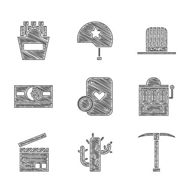 Set Casino chip and playing cards Cactus Pickaxe Slot machine Movie clapper Stacks paper money cash Patriotic American top hat and Potatoes french fries box icon. Vector.