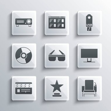 Set Movie trophy Cinema chair Smart Tv 3D cinema glasses clapper CD or DVD disk Movie film media projector and USB flash drive icon. Vector.