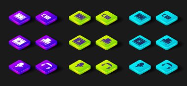 Set Retro cinema camera Headphones Play Video Cinema chair ticket and Online play video icon. Vector.