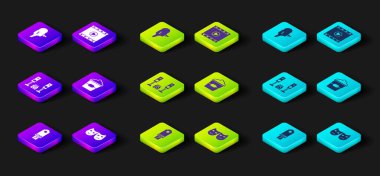 Set USB flash drive Comedy and tragedy masks Home stereo with two speakers Popcorn in box Play Video and Retro cinema camera icon. Vector.