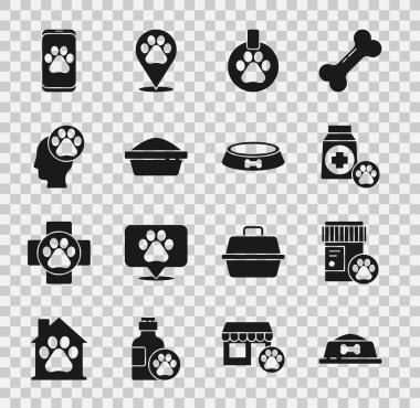 Set Pet food bowl Dog medicine bottle Bag of Collar with name tag Human animals footprint Veterinary clinic and icon. Vector.