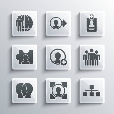 Set Head hunting Hierarchy organogram chart Users group Create account screen Project team base and Identification badge icon. Vector.