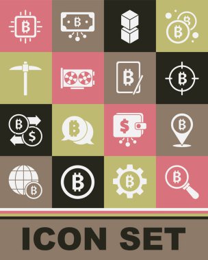 Set Magnifying glass with Bitcoin the target Blockchain technology Video graphic card Pickaxe CPU mining farm and Mining bitcoin from tablet icon. Vector.